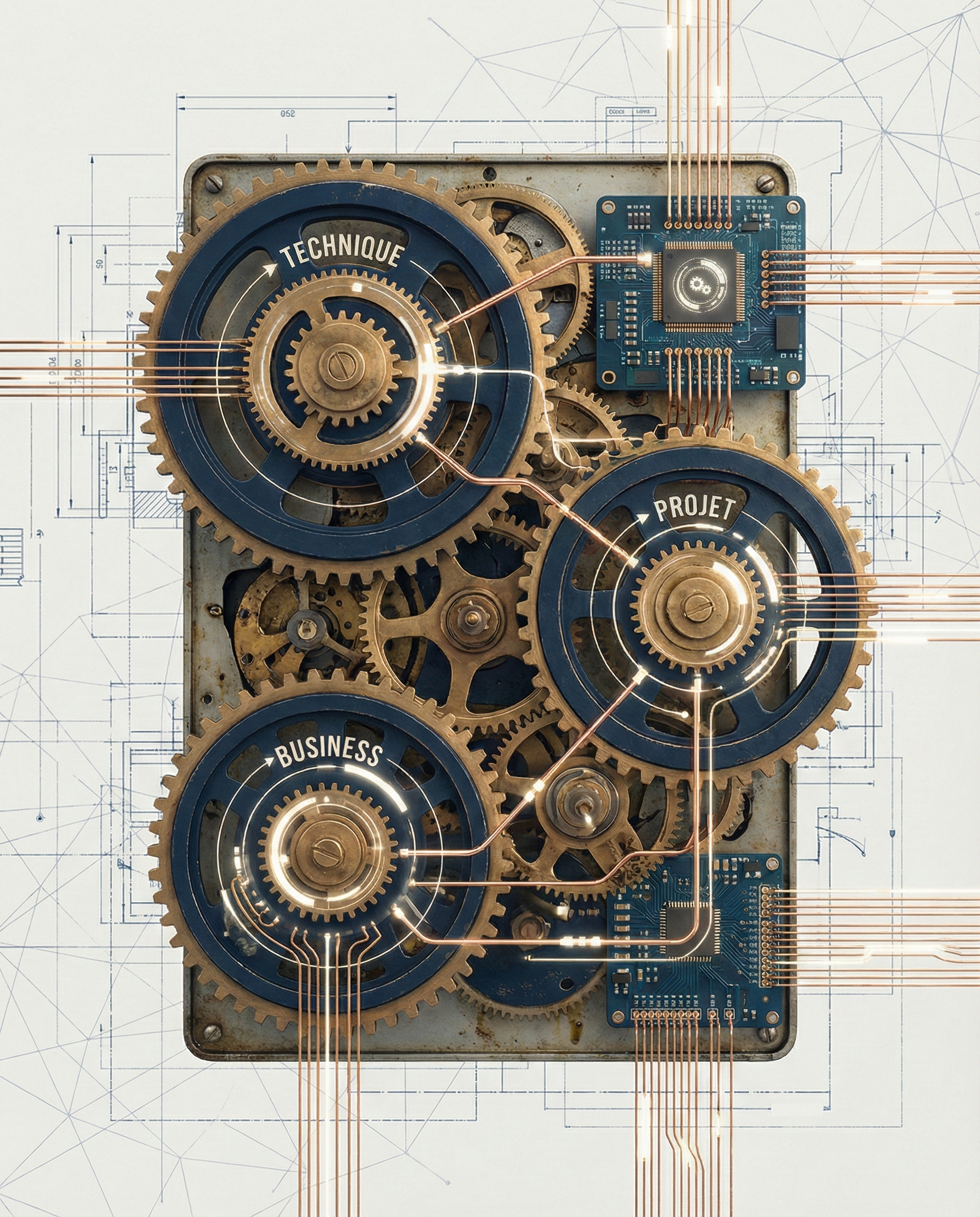 Des engrenages connectés à un réseau illustrent l'interface entre la technique, le projet et le business, assurant que la mécanique fonctionne.